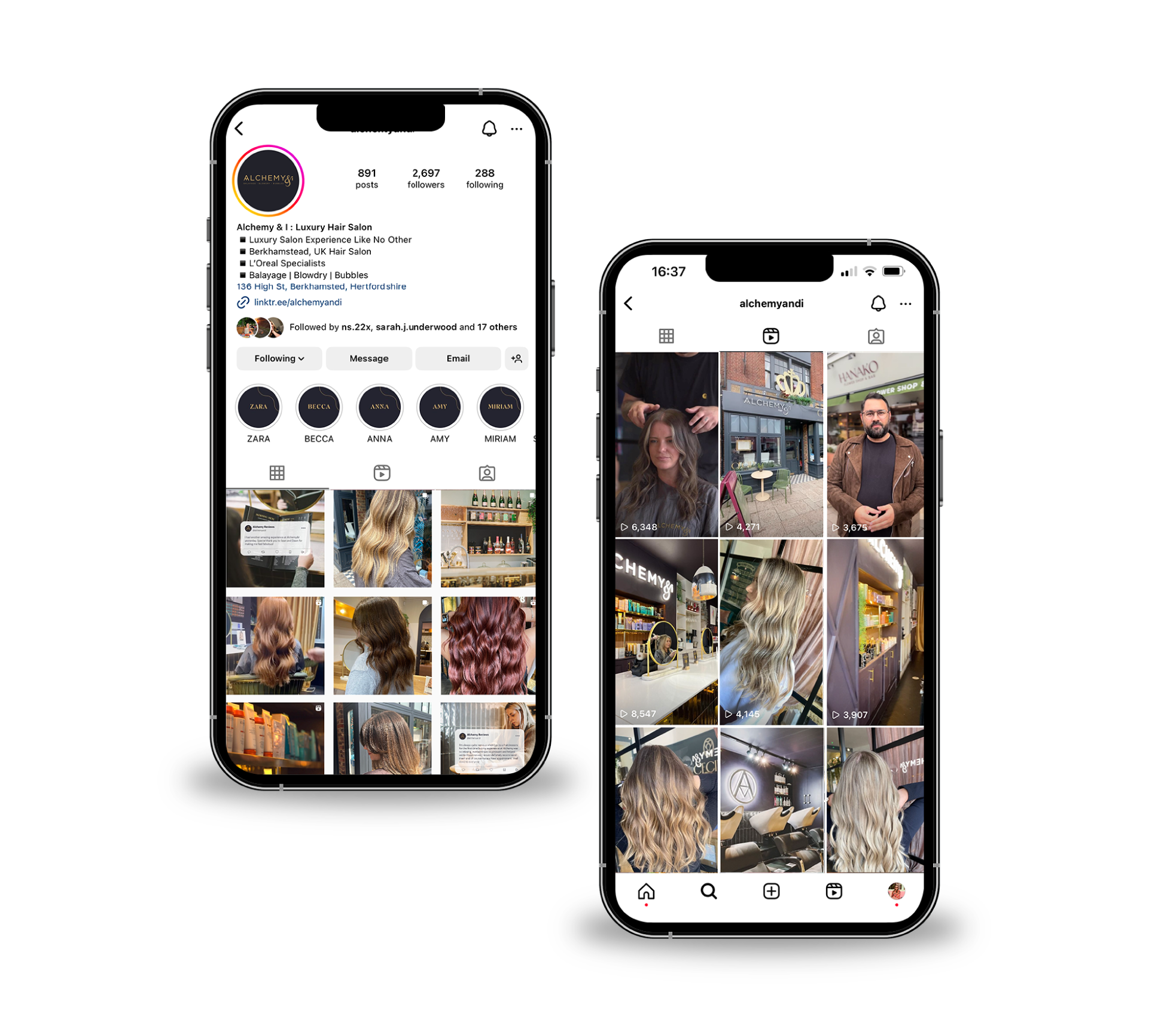 Two phones showing Alchemy & I's Instagram account