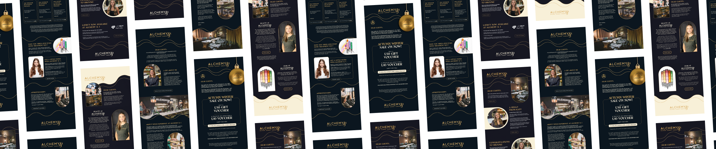 A collage of email designs for Berkahmsted based hair salon, Alchemy & I