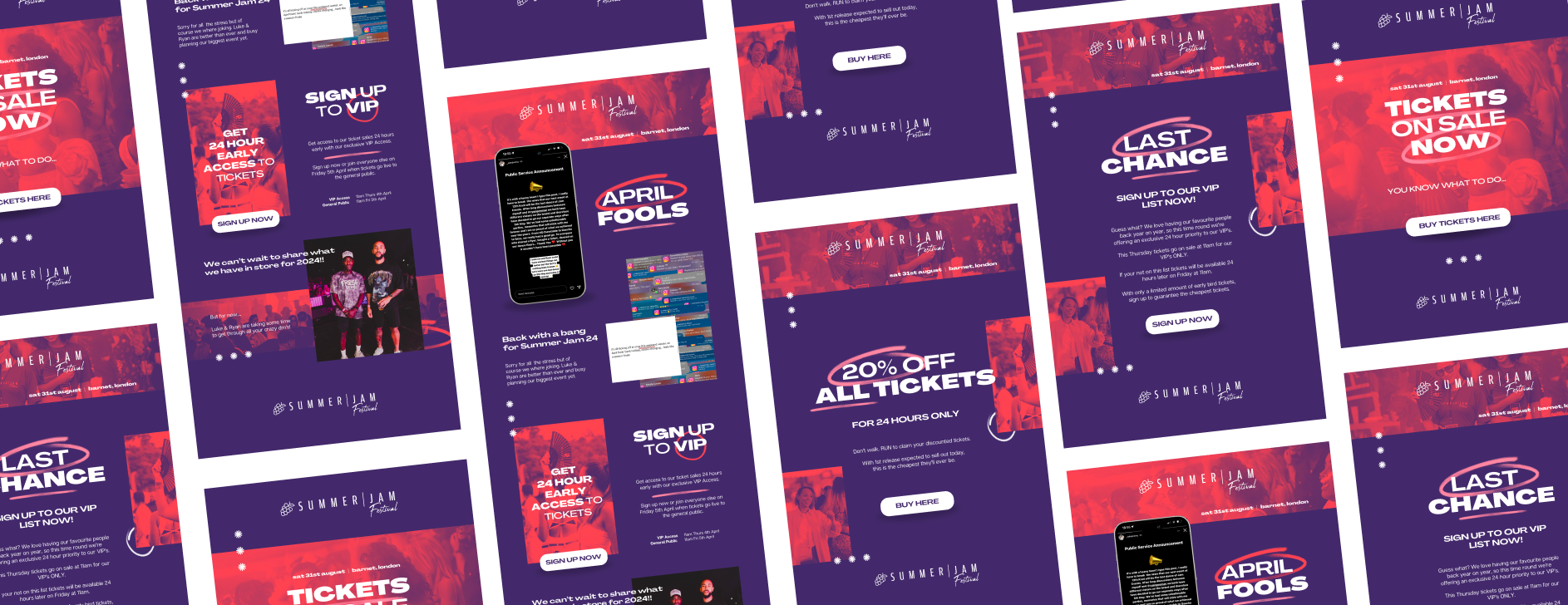 Collage of email marketing designs for London based festival, Summer Jam Festival