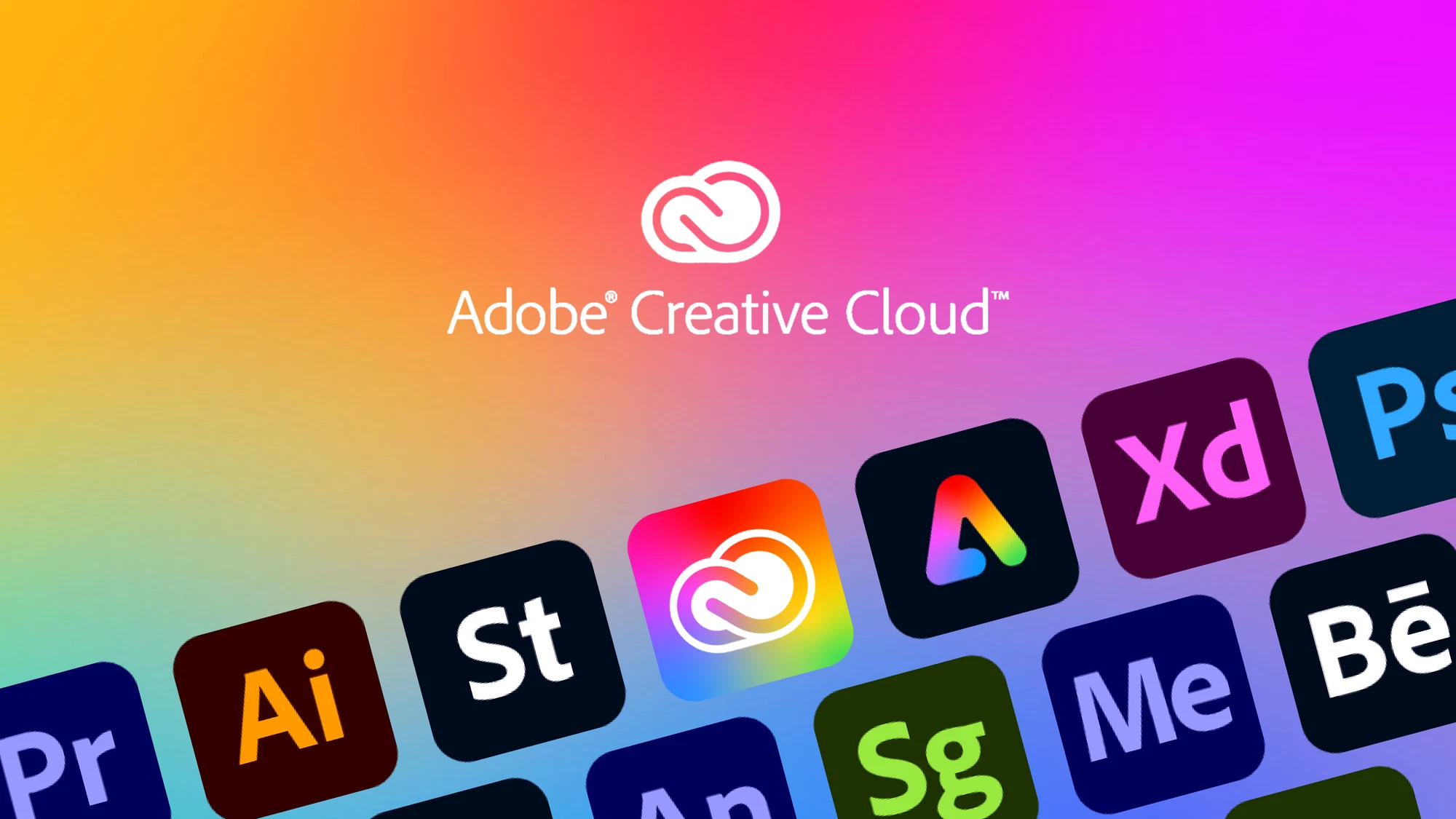 Colourful gradient background with Adobe Creative Cloud logo and various Adobe app icons like Photoshop and Illustrator.