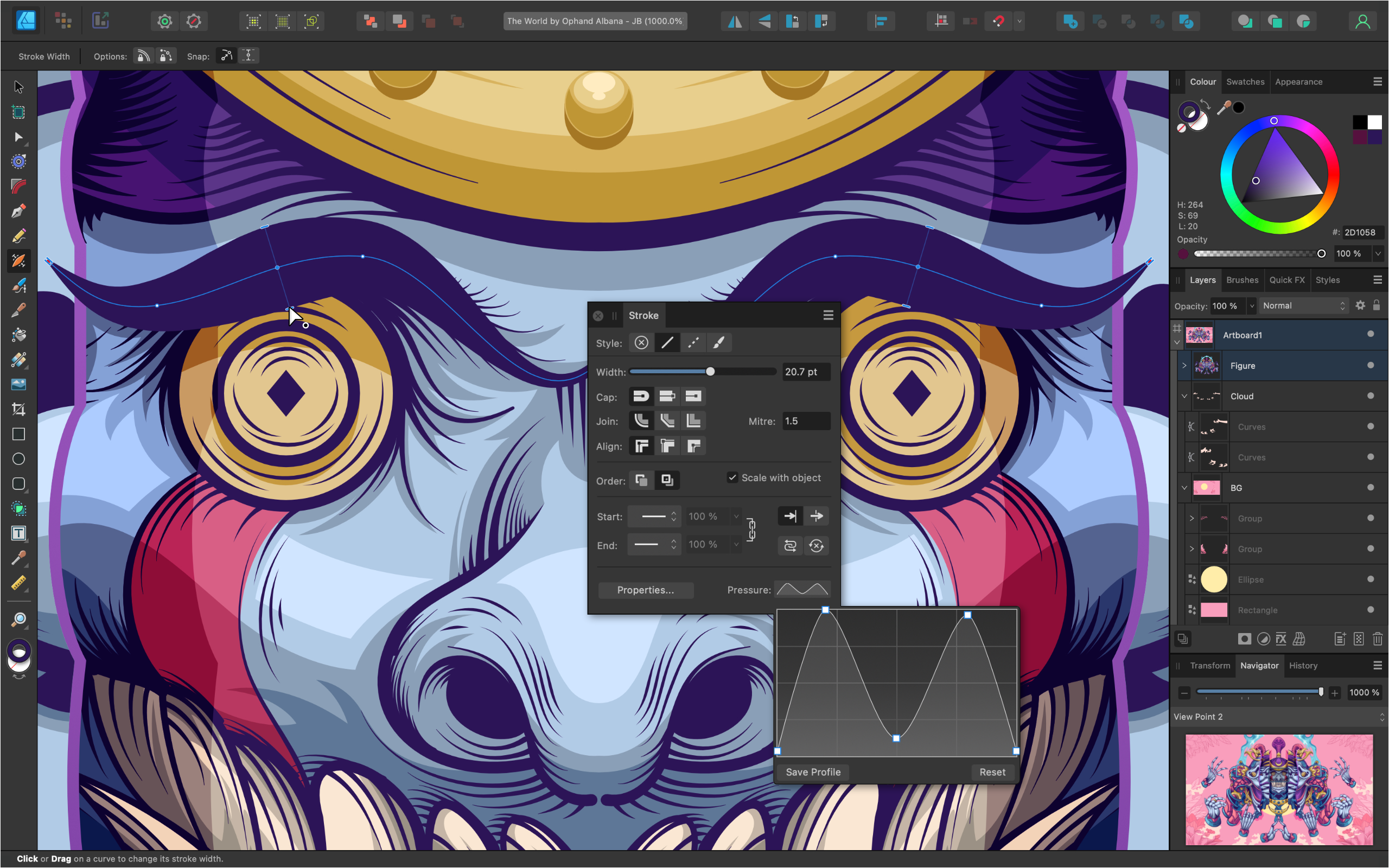 Affinity Designer graphic design tool software interface with toolbars and a colourful thumbnail at the bottom.