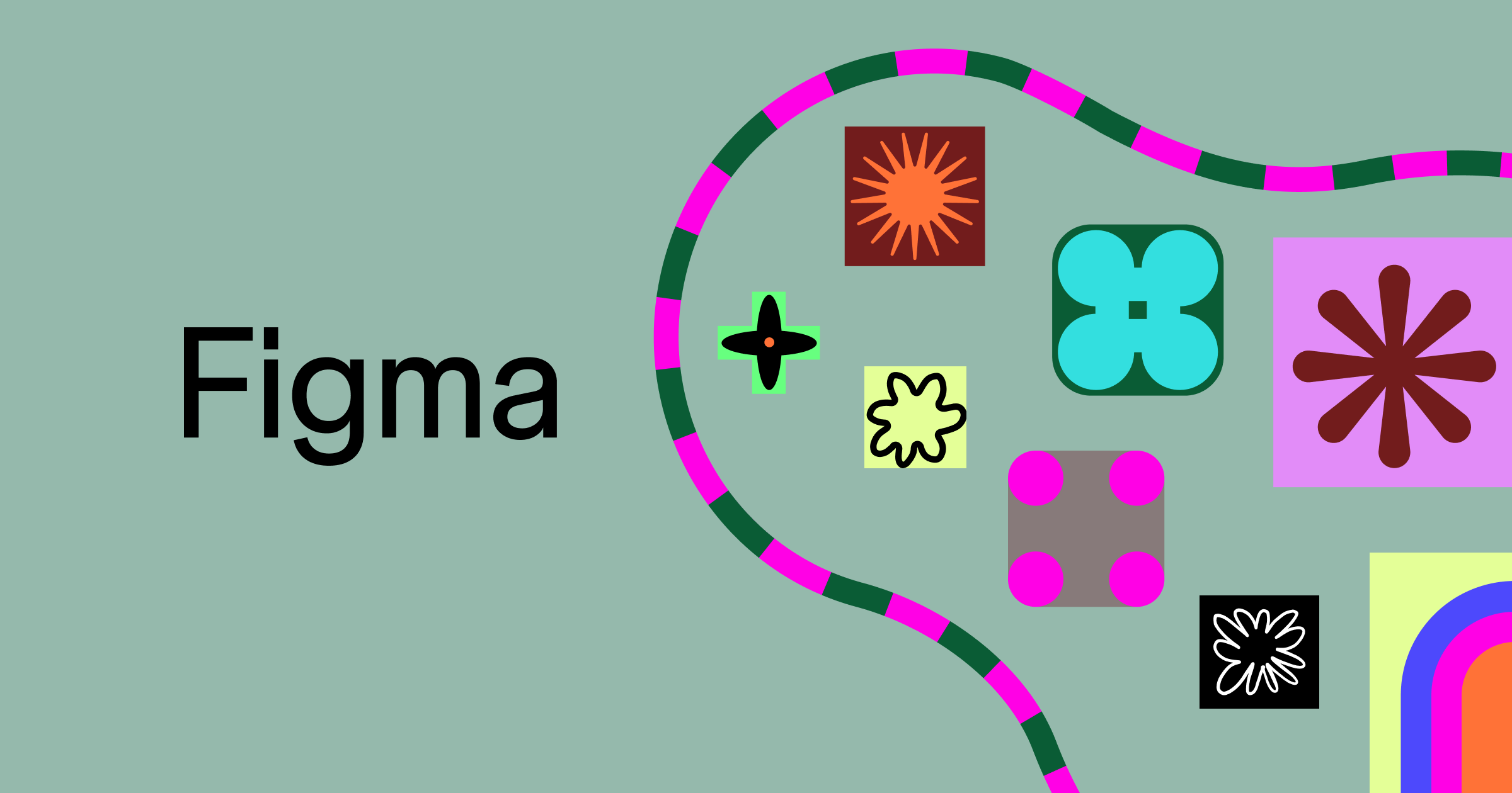 A graphic with the word "Figma" and colourful abstract shapes and designs on a green background.