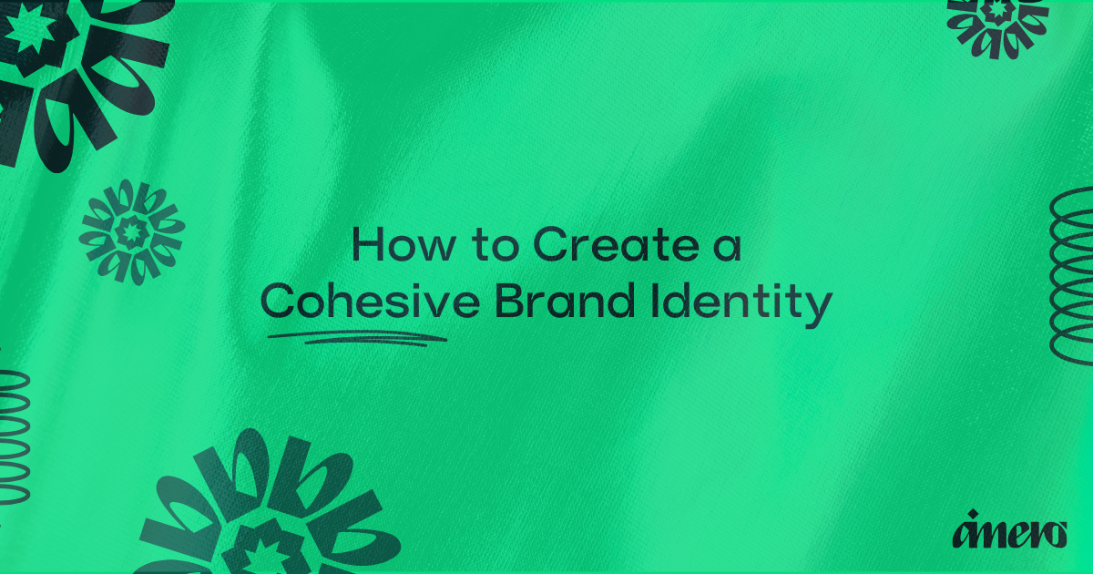 Graphic with text "How to Create a Cohesive Brand Identity" on a green background with decorative elements.