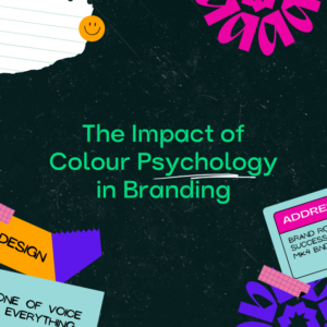 A graphic titled "The Impact of Colour Psychology in Branding" showcases colourful elements and text about design, voice, and the undeniable link between consumer behaviour and admission to success.