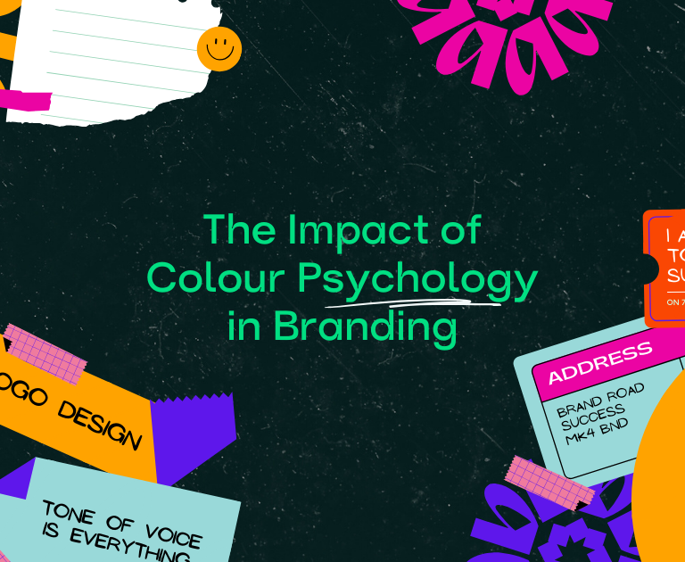 A graphic titled "The Impact of Colour Psychology in Branding" showcases colourful elements and text about design, voice, and the undeniable link between consumer behaviour and admission to success.