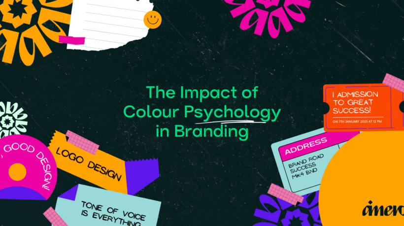 A graphic titled "The Impact of Colour Psychology in Branding" showcases colourful elements and text about design, voice, and the undeniable link between consumer behaviour and admission to success.