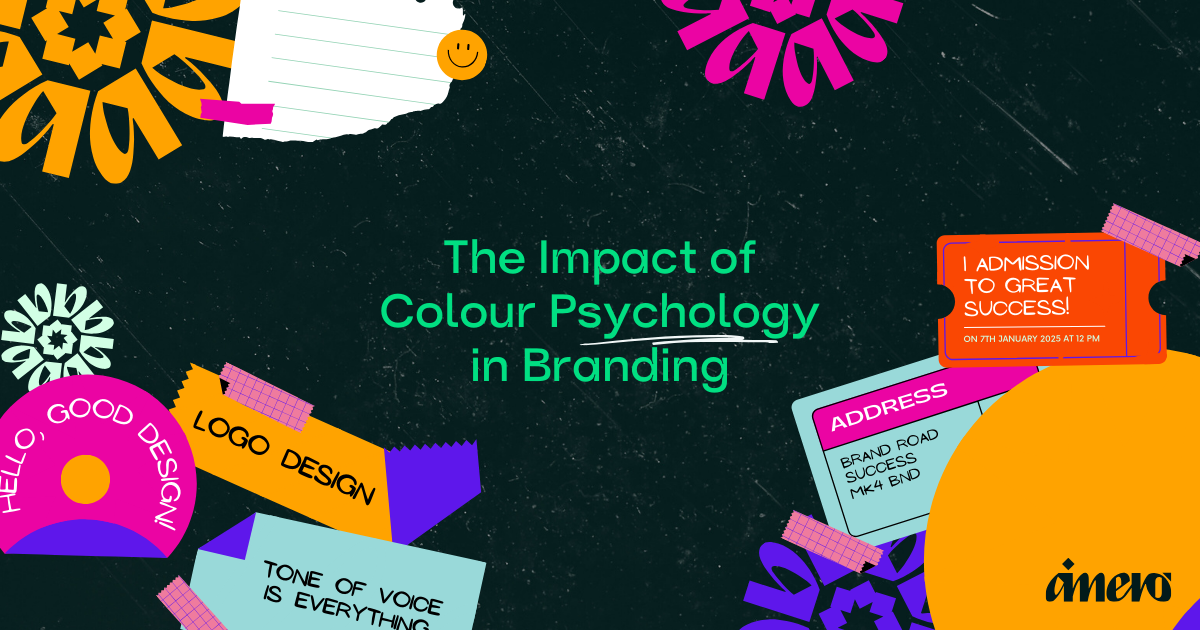 A graphic titled "The Impact of Colour Psychology in Branding" showcases colourful elements and text about design, voice, and the undeniable link between consumer behaviour and admission to success.