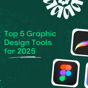 Top 5 Graphic Design Tools for 2025 and app icons on a textured green background.