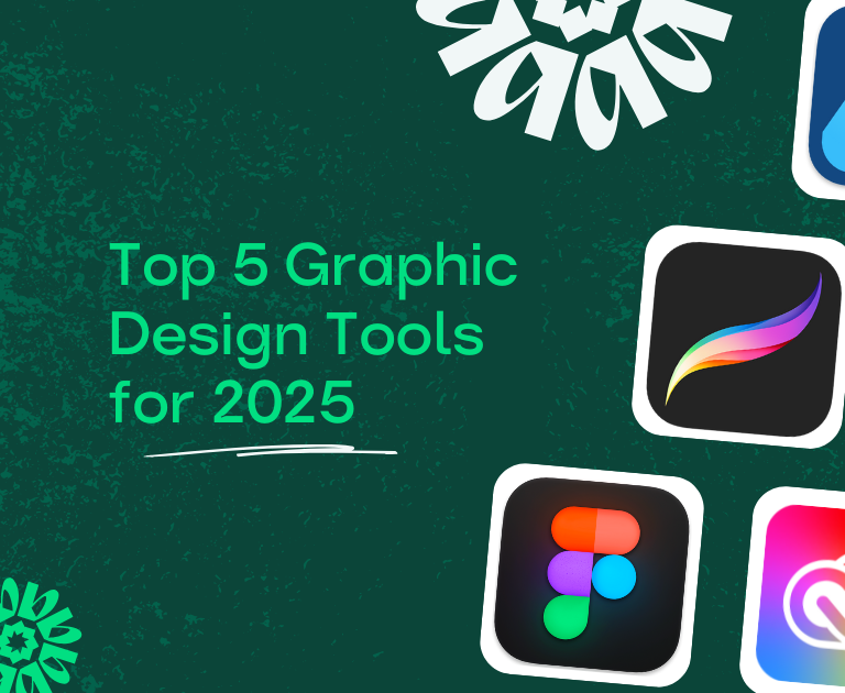 Top 5 Graphic Design Tools for 2025 and app icons on a textured green background.