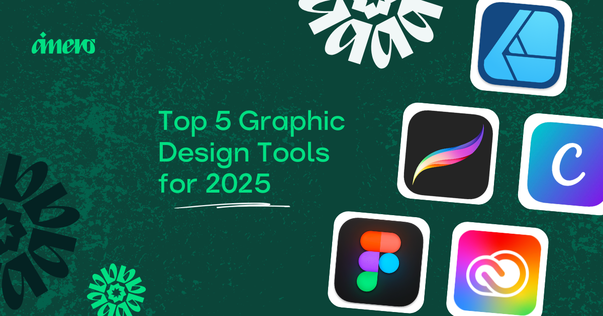 Top 5 Graphic Design Tools for 2025 and app icons on a textured green background.