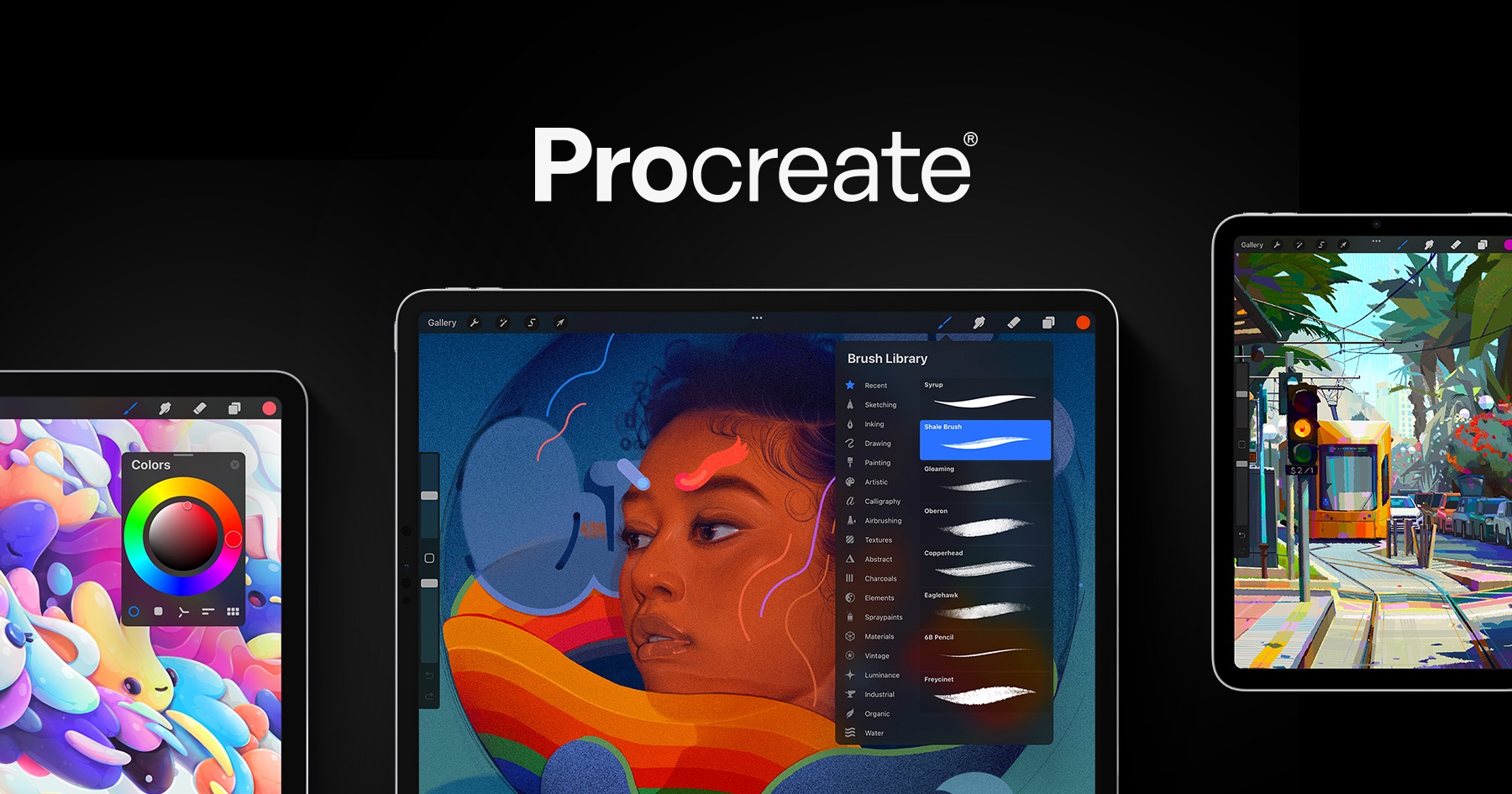 Procreate a graphic design tool with tablets displaying the app's features.